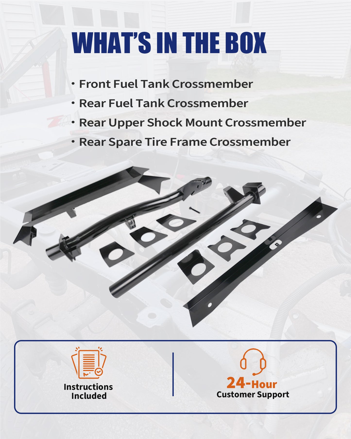 4PCS Front and Rear Fuel Tank Support Crossmembers & Rear Upper Shock Mount Crossmember & Rear Spare Tire Frame Crossmember Fit for 2007-2014 Chevy Silverado & GMC Sierra 1500 Ext & Crew Cab