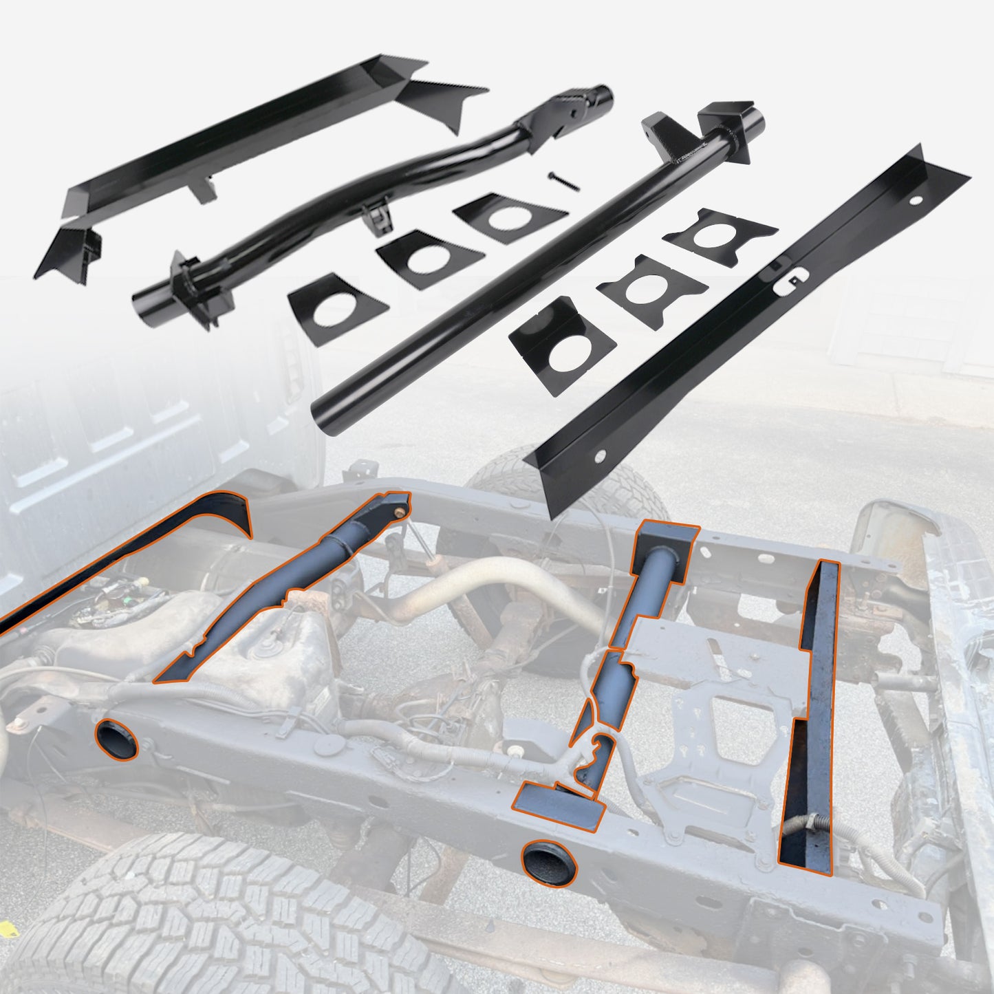 4PCS Front and Rear Fuel Tank Support Crossmembers & Rear Upper Shock Mount Crossmember & Rear Spare Tire Frame Crossmember Fit for 2007-2014 Chevy Silverado & GMC Sierra 1500 Ext & Crew Cab