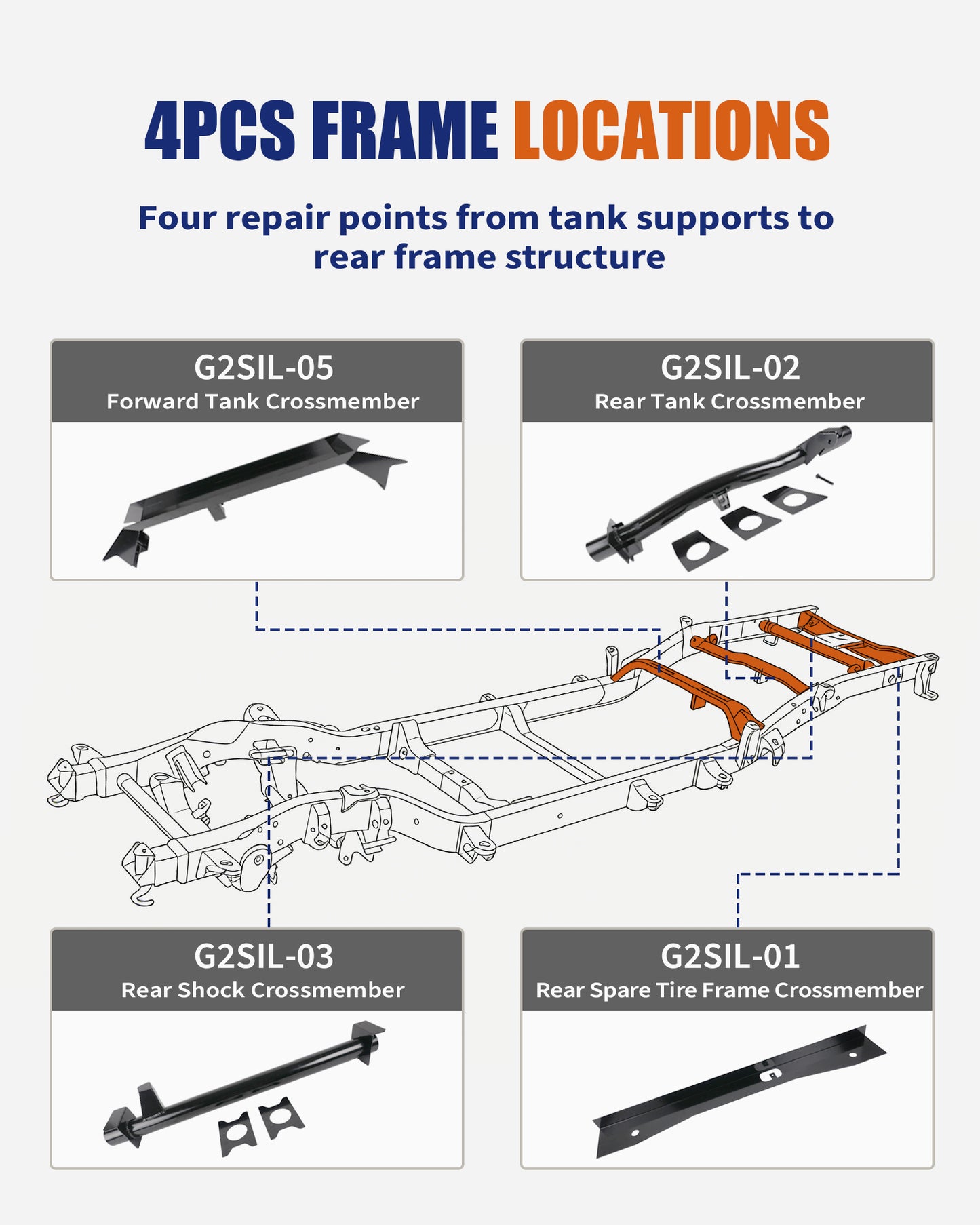 4PCS Front and Rear Fuel Tank Support Crossmembers & Rear Upper Shock Mount Crossmember & Rear Spare Tire Frame Crossmember Fit for 2007-2014 Chevy Silverado & GMC Sierra 1500 Ext & Crew Cab