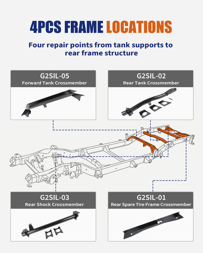4PCS Front and Rear Fuel Tank Support Crossmembers & Rear Upper Shock Mount Crossmember & Rear Spare Tire Frame Crossmember Fit for 2007-2014 Chevy Silverado & GMC Sierra 1500 Ext & Crew Cab