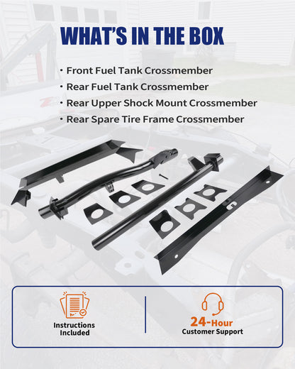 4PCS Front and Rear Fuel Tank Support Crossmembers & Rear Upper Shock Mount Crossmember & Rear Spare Tire Frame Crossmember Fit for 2007-2014 Chevy Silverado & GMC Sierra 1500 Ext & Crew Cab