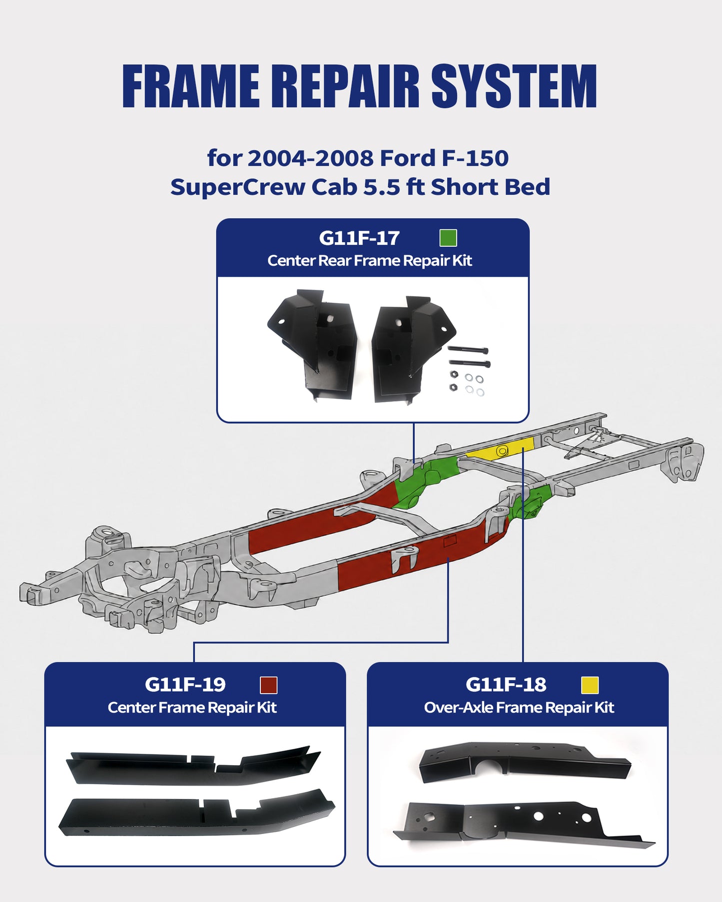 Center Frame Rust Repair Kit Fit for 2004-2008 Ford F-150 | SuperCrew Cab 5.5 FT Short Bed Only, 2WD/4WD, Weld-On Mid-Frame Sections, 11GA E-Coated Steel, Frame Support Repair