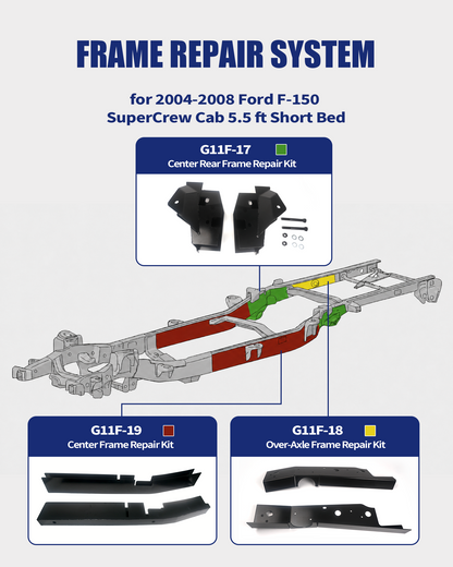 Center-Rear Frame Rust Repair Kit Fit for 2004-2008 Ford F-150 | SuperCrew Cab 5.5 FT Short Bed Only, Forward Leaf Spring Mounts, Weld-On 11GA E-Coated Steel, Frame Support Repair