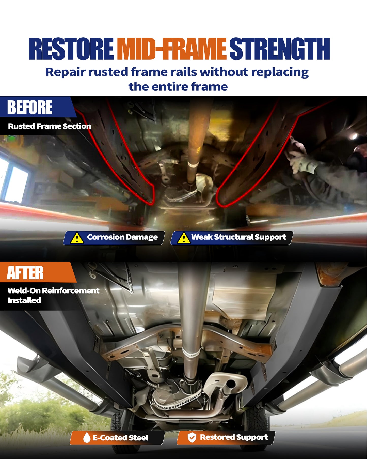 Center Frame Rust Repair Kit Fit for 2004-2008 Ford F-150 | SuperCrew Cab 5.5 FT Short Bed Only, 2WD/4WD, Weld-On Mid-Frame Sections, 11GA E-Coated Steel, Frame Support Repair