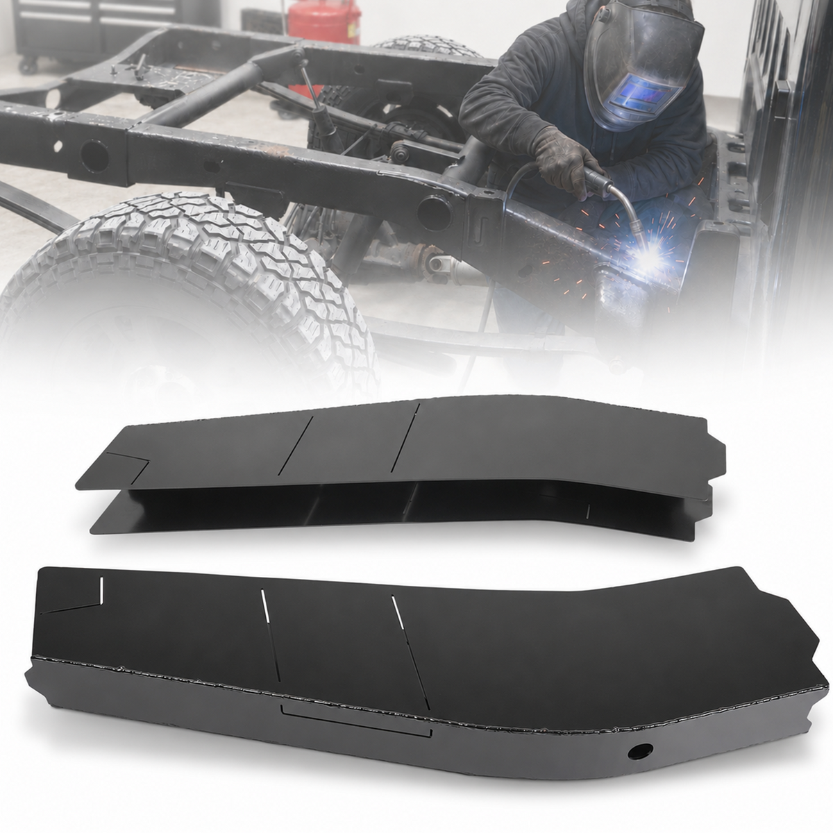 Mid-Rear Frame Rust Repair Kit Fit for 2007-2014 Chevy Silverado 1500 & GMC Sierra 1500 Extended Cab & Crew Cab 2WD/4WD, Weld-On 11GA E-Coated Frame Section, Driver & Passenger Sides